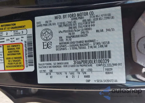 2020 Ford Fusion Hybrid Titanium from USA, damaged, VIN 3FA6P0RU0LR100329